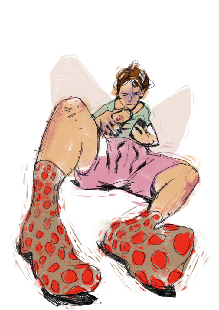 lebendige illustration mit starker perspektive von einer Mutter mit Kind, die missmutig aufs Handy guckt