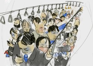 Lebhafte Illustration einer dicht stehenden Menschenmenge in der Ubahn von Tokyo, gezeichnet von Justus Pfeifer