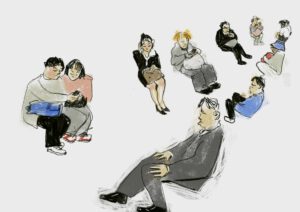 Lebhafte Illustration einiger vereinzelt sitzender Menschen in der Ubahn von Tokyo, gezeichnet von Justus Pfeifer