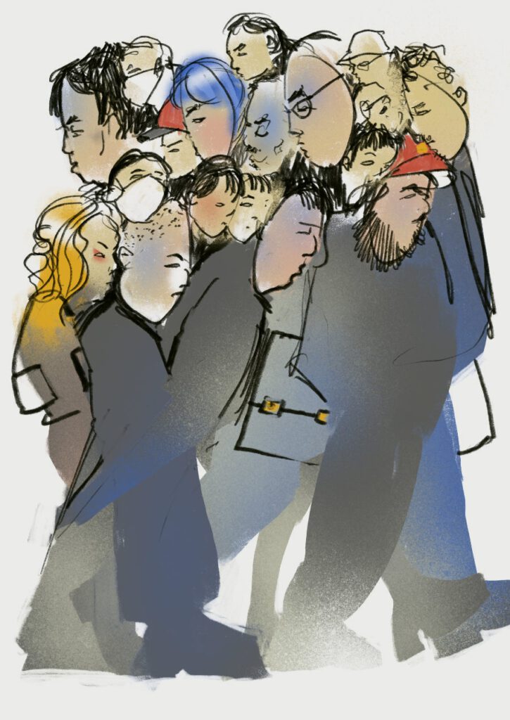menge-tokyo-ubahn-justus-pfeifer-illustration-protected-intensity-HIGH-V1 Lebhafte Illustration einer dichten, verschwimmenden Menschenmenge in Ubahn von Tokyo, gezeichnet von Justus Pfeifer
